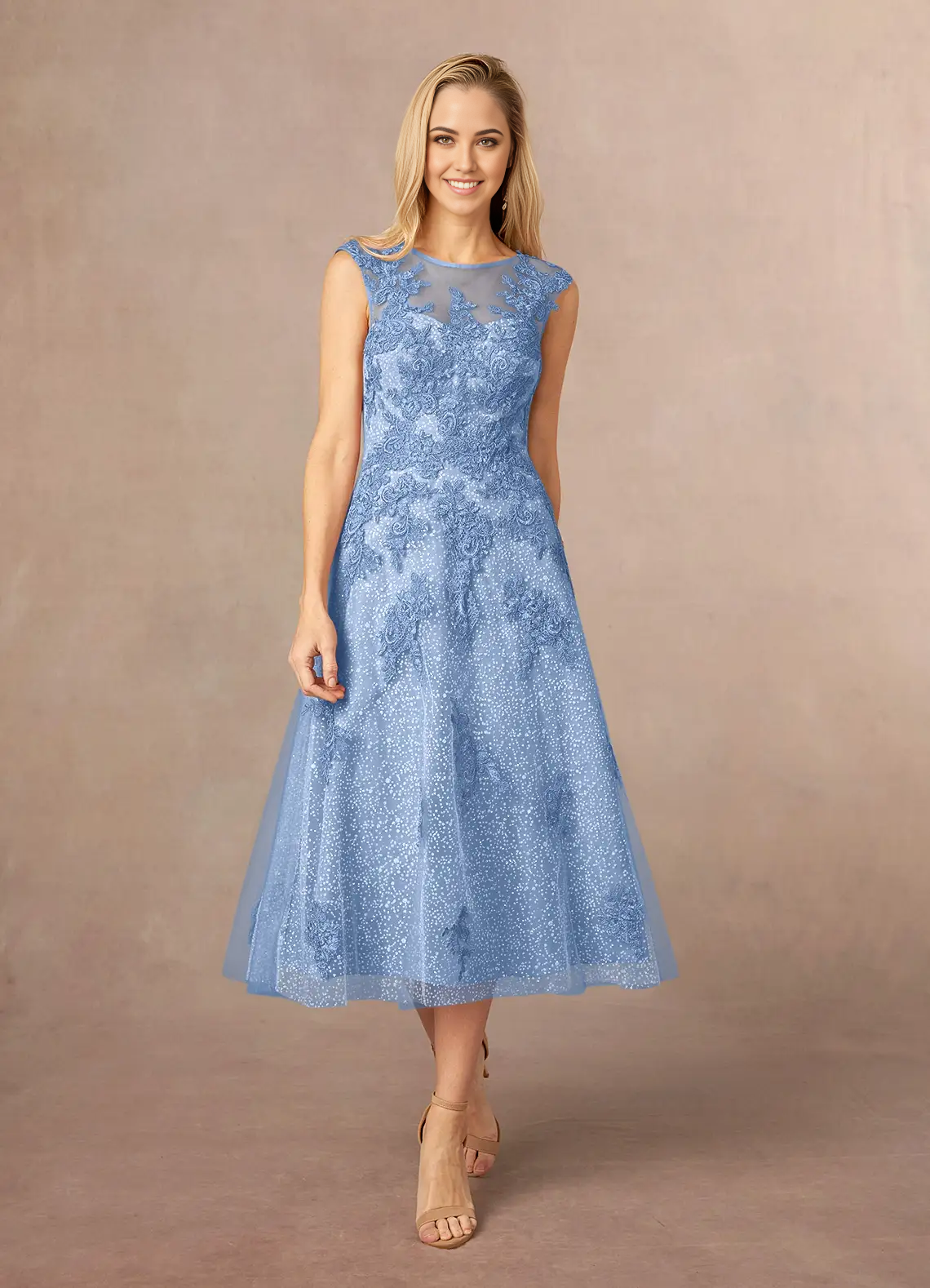 A-Line Boatneck Lace Tulle Tea Length Steel Blue formal dresses evening dress Mother of the Bride Dresses