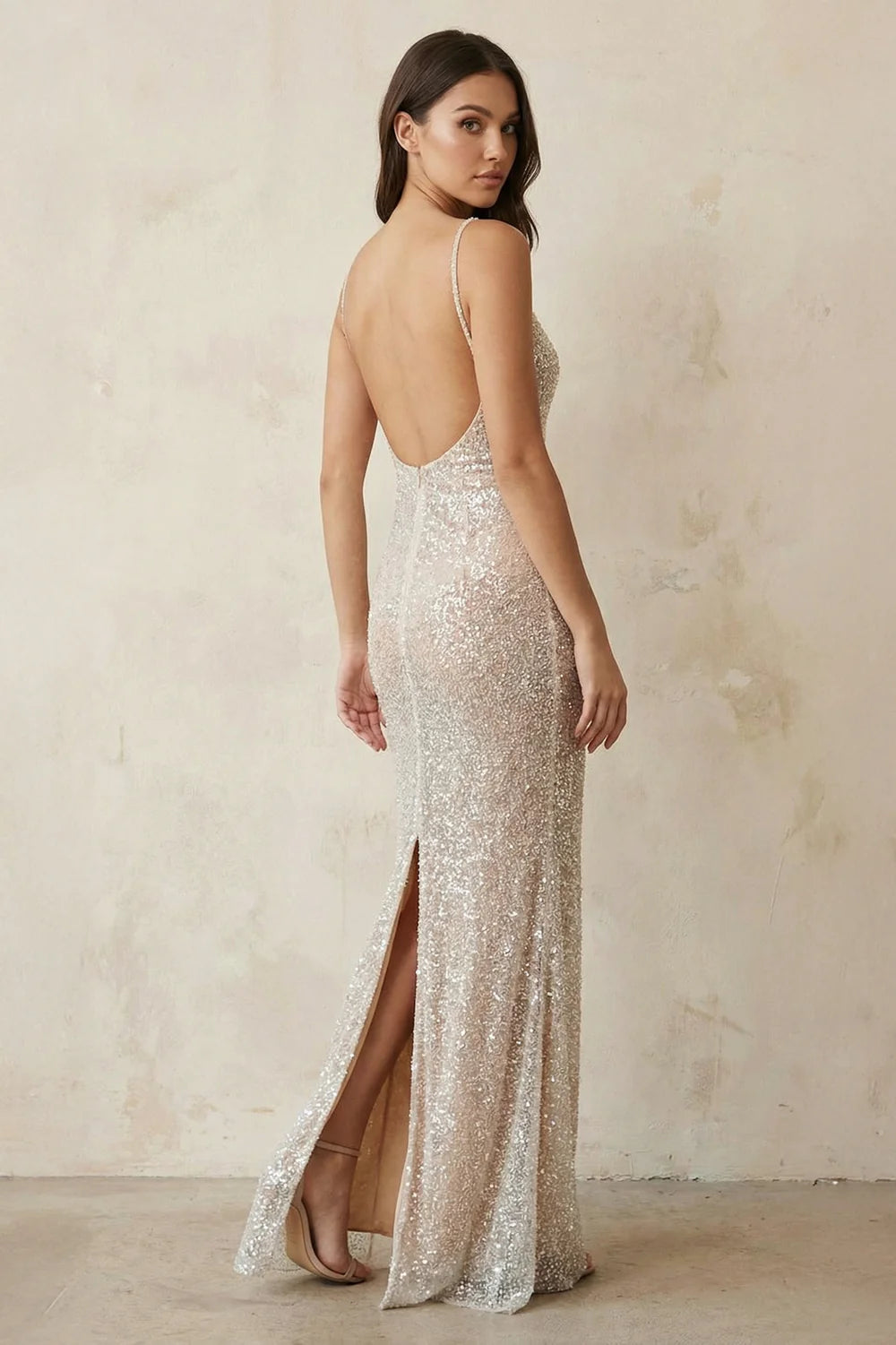 Sparkling Mermaid Square-Neck Spaghetti-Strap Low-Back Floor-Length Evening Dress