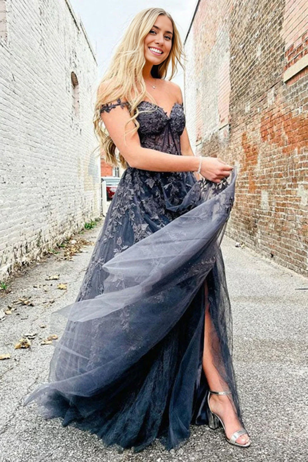 A-line Sweetheart Tulle Lace Prom Dress with Slit