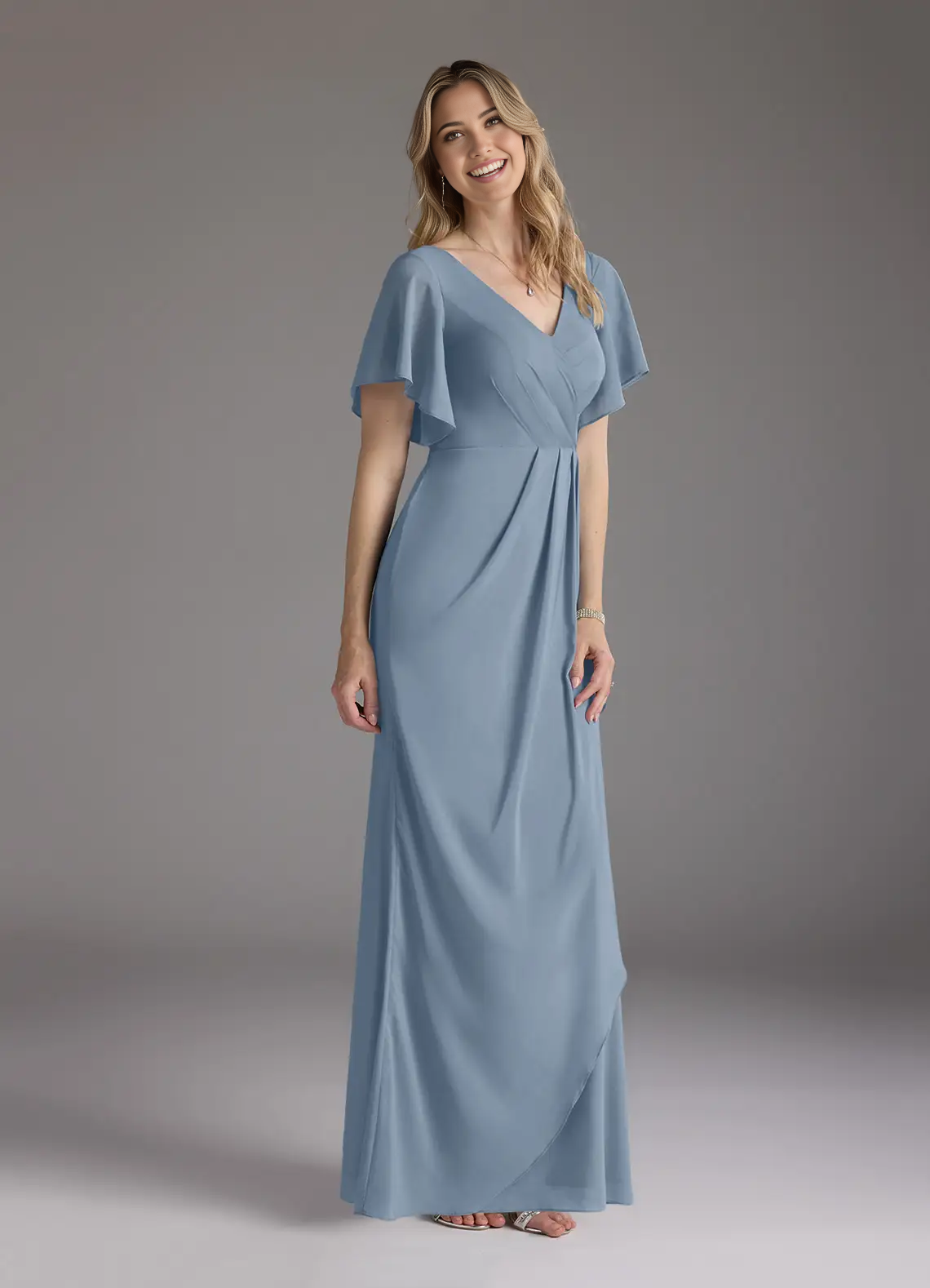 Mermaid V-Neck Pleated Chiffon Dusty Blue formal dresses evening dress Mother of the Bride Dresses
