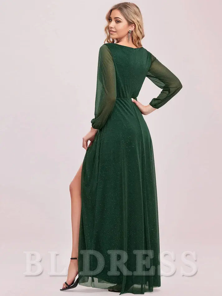 A Line V-Neck Long Sleeve evening gown formal dress Prom Dresses With Slit