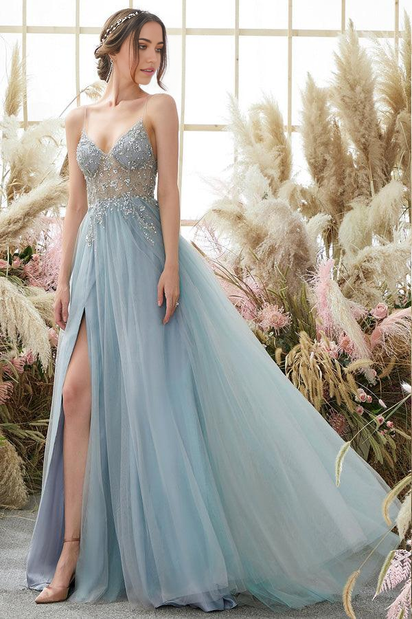 A-line Light Blue Tulle Prom Dresses Beading Evening Dresses