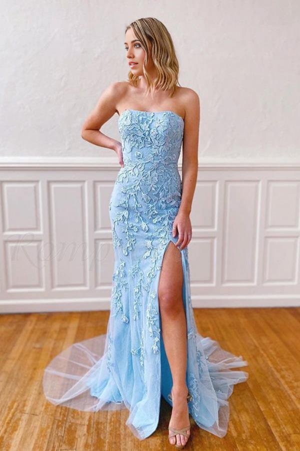 Mermaid Strapless Sky Blue Split Prom Dresses Formal Dress With Lace