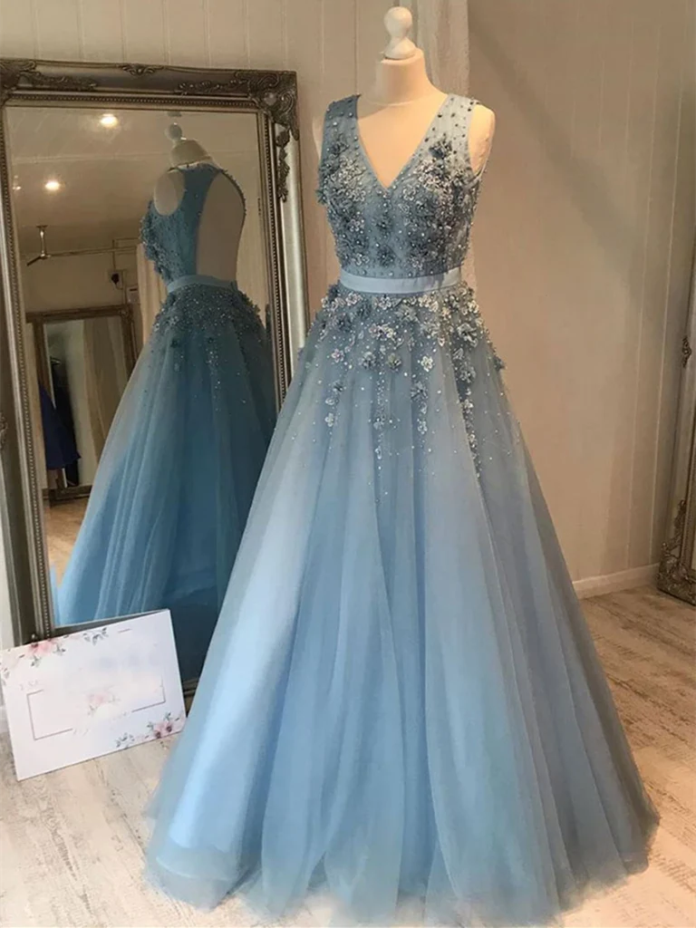 A-line V Neck Tulle Lace Long Prom Dresses Long Evening Dresses