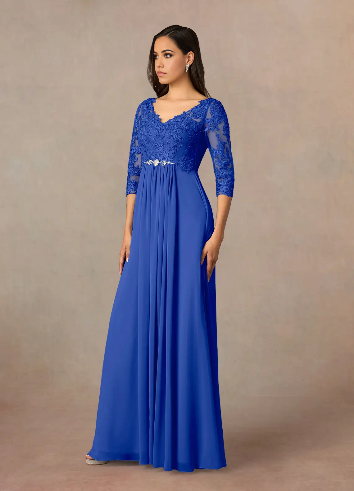 A-Line V-Neck Lace Chiffon Royal Blue Mother of the Bride Dresses