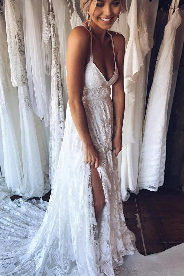 A-Line Beach Straps Backless Court Train Lace Wedding Dress