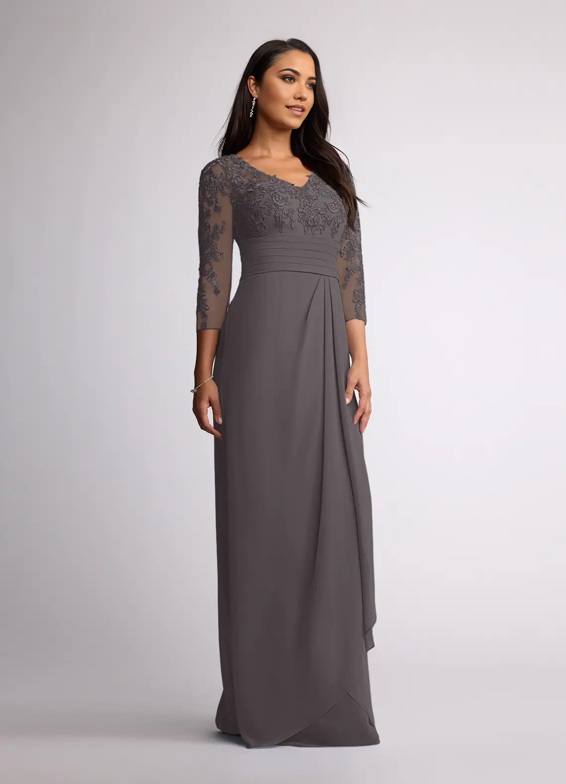 Sheath V-Neck Lace Chiffon Steel Grey formal dresses evening dress Mother of the Bride Dresses