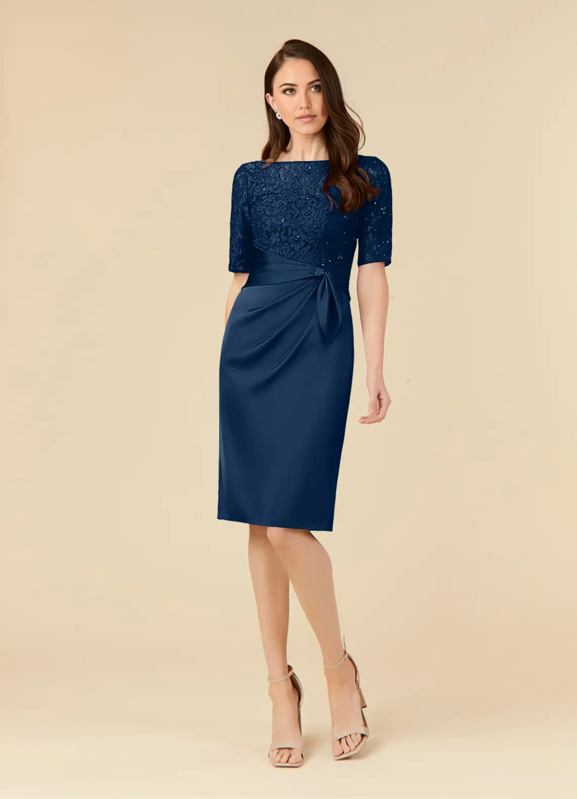 Sheath Sequins Lace Tea Length Dark Navy formal dresses evening dress Mother of the Bride Dresses