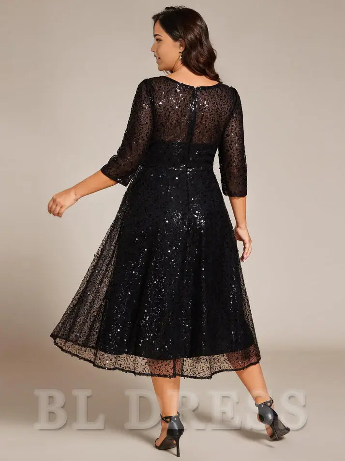 Plus Size A Line 3/4 Sleeves Sequin evening gown formal dress Prom Dresses