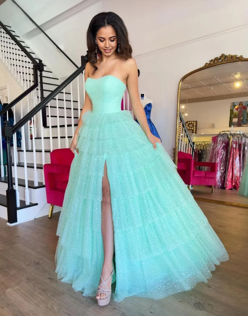 A-Line Strapless Ruffles Tulle Sky Blue Long formal dresses evening gown Prom Dress with Slit