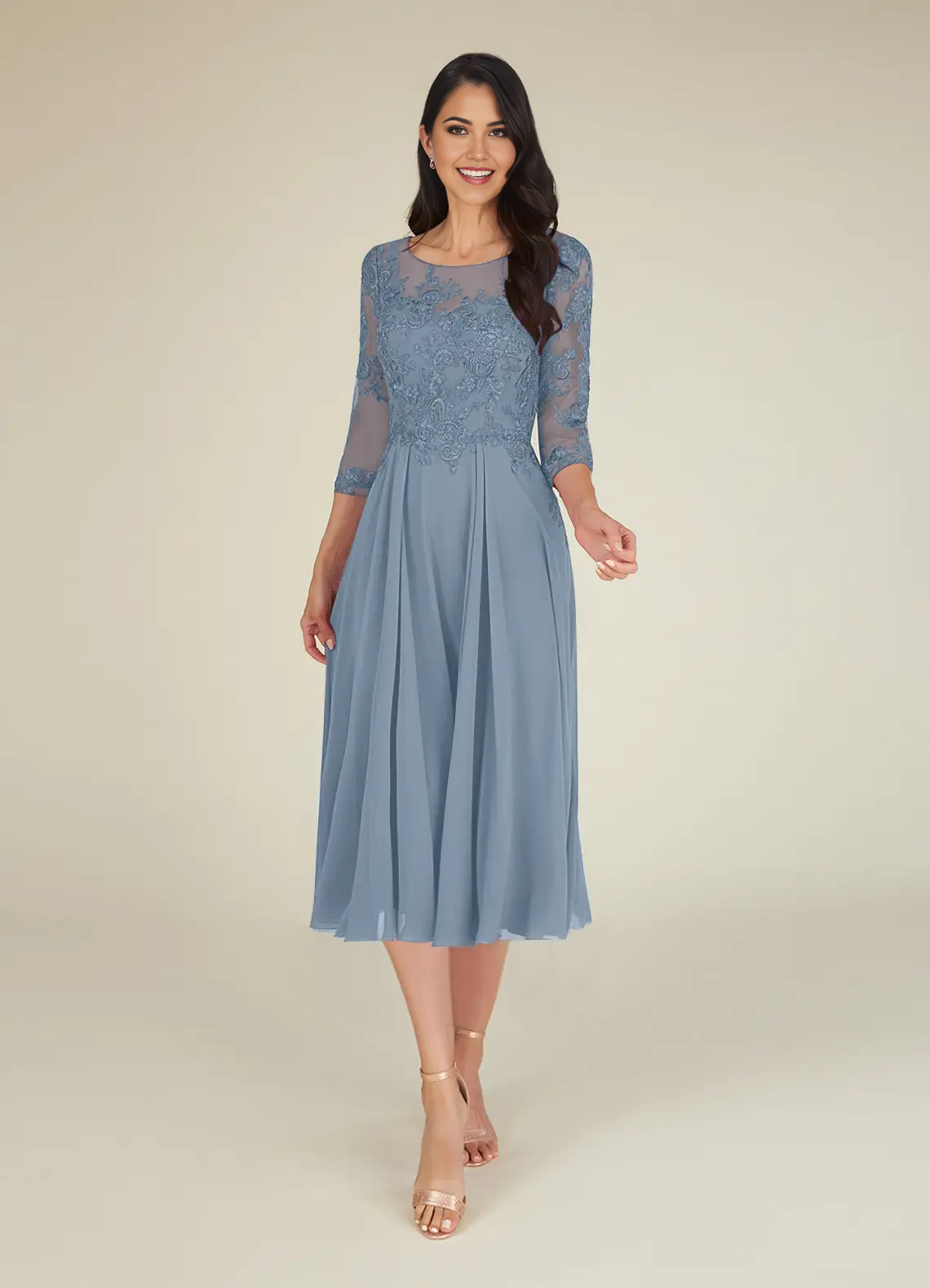 A-Line Scoop Lace Chiffon Dusty Blue Mother of the Bride Dresses