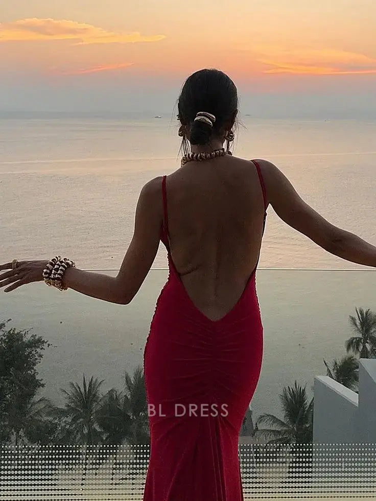 Mermaid Spaghetti Straps Sexy Backless Red Long formal dresses Bridesmaid Dresses evening gown Prom Dress