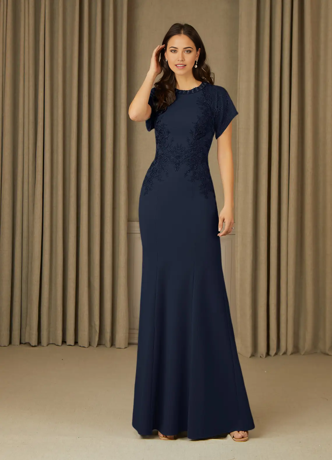 Mermaid Crew Neck Lace Dark Navy formal dresses evening dress Mother of the Bride Dresses