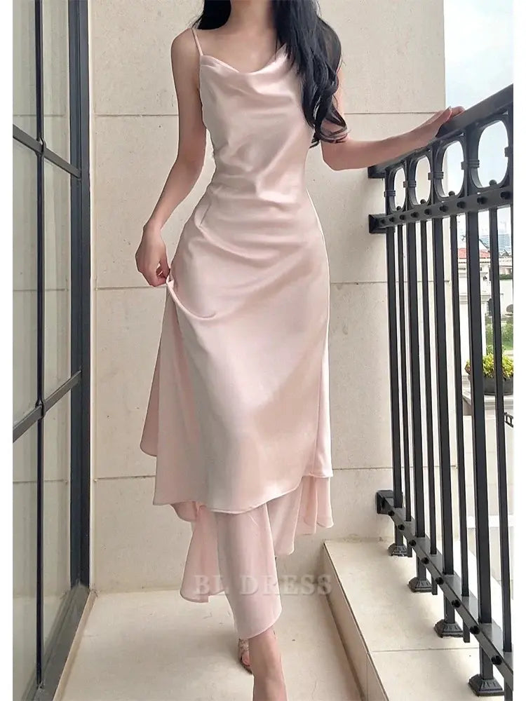 A Line Spaghetti Straps Silk Satin Pink formal dresses Bridesmaid Dresses evening gown Prom Dress