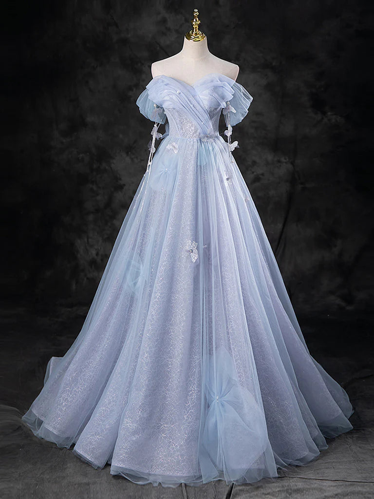 A-Line Sweetheart Neck Off Shoulder Tulle Long Prom Dress
