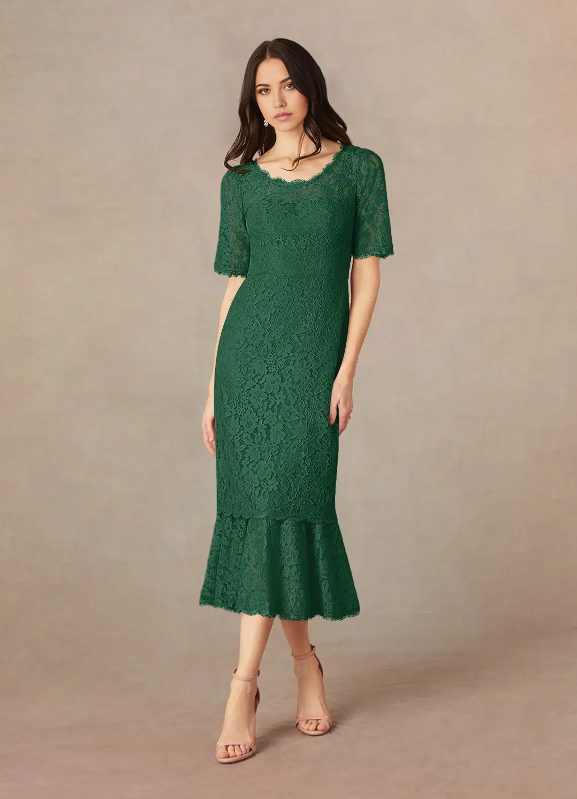 Mermaid Crew Neck Short Sleeve Lace Dark Green formal dresses evening dress Mother of the Bride Dresses