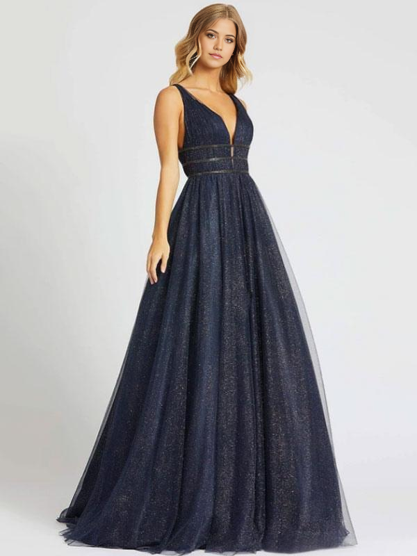 A-line Princess V-Neck Sleeveless Backless Sequins Tulle formal dresses Bridesmaid Dresses evening gown Prom Dress