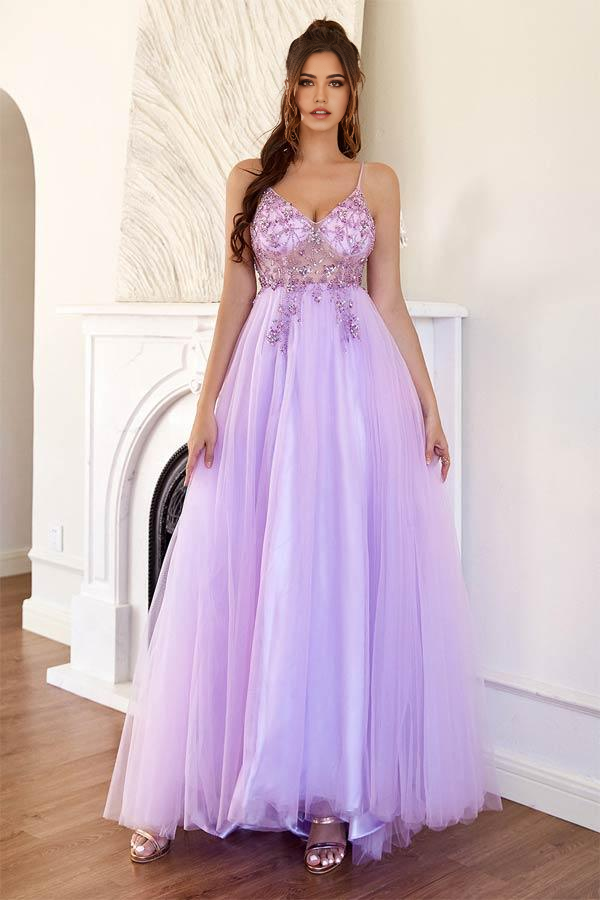 A-Line Tulle Split Lilac Long Prom Formal Dress With Beading