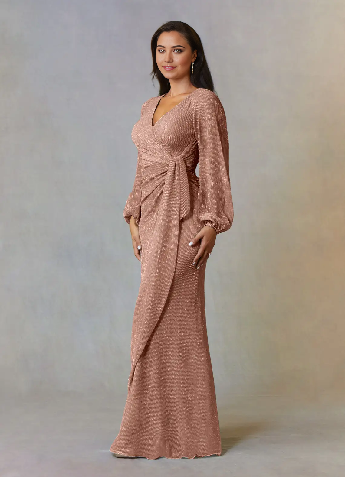 A-Line V-Neck Long Sleeve Ruched Rose Gold Mother of the Bride Dresses