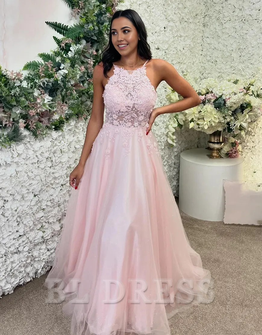 A-Line Halter Laced Top Tulle Pink Long formal dresses Bridesmaid Dresses evening gown Prom Dress