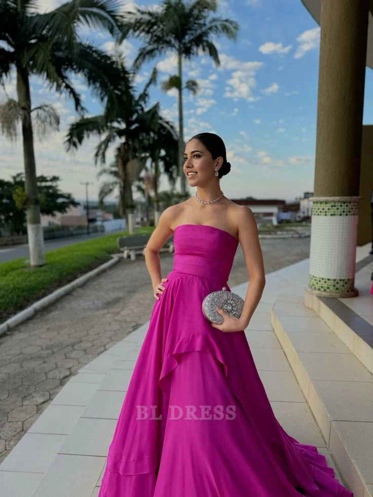 A Line Strapless Satin Long Ruffles formal dresses Bridesmaid Dresses evening gown Prom Dress