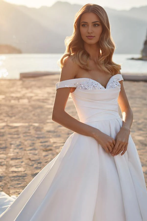 A-line off the Shoulder Ruched Satin Long Wedding Dress with Crystals