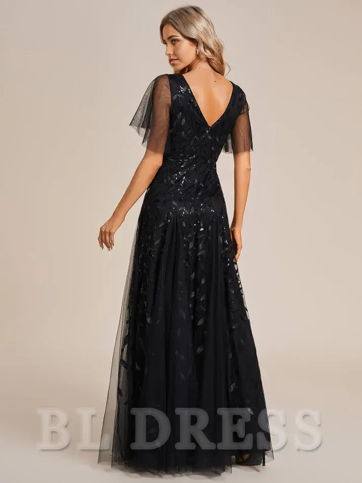 A-line Sequin Sparkly V-Neck Short Sleeve evening gown formal dress Prom Dresses