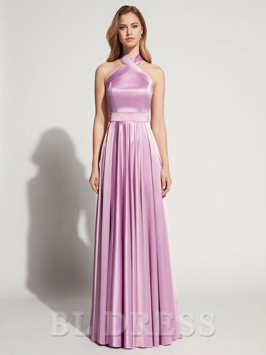 A-Line Halter Floor-Length Sleeveless Backless Satin formal dress evening gown Wedding Guest Dresses Prom Dress