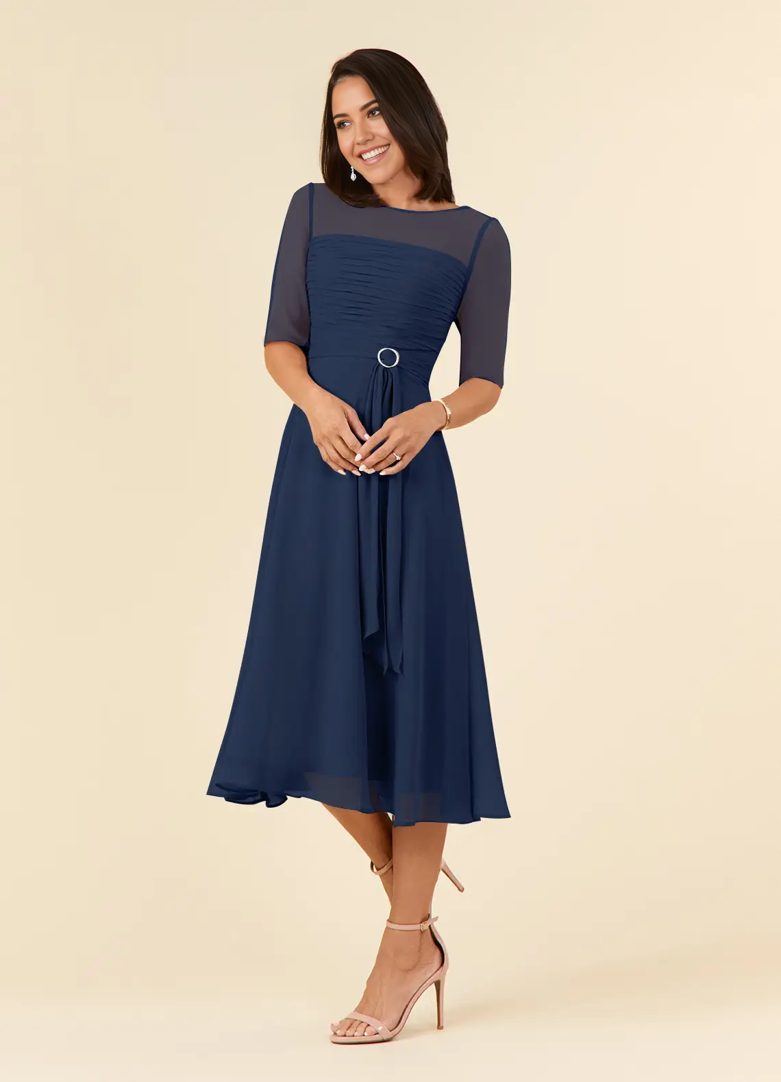 A-Line Dark Navy Boatneck Pleated Chiffon Dress Mother of the Bride Dresses