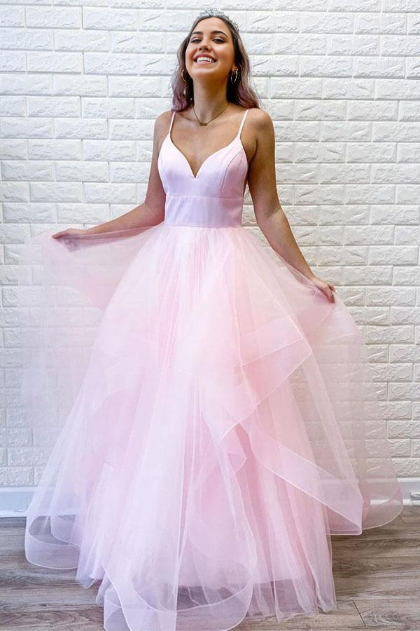 Spaghetti Straps Simple Pink Tulle Ruffles Long Prom Dresses Formal Dress