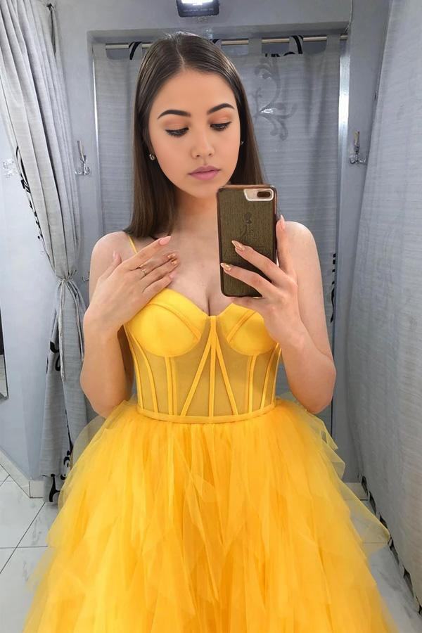 A Line Sleeveless Yellow Tulle Prom Dress Evening Gown