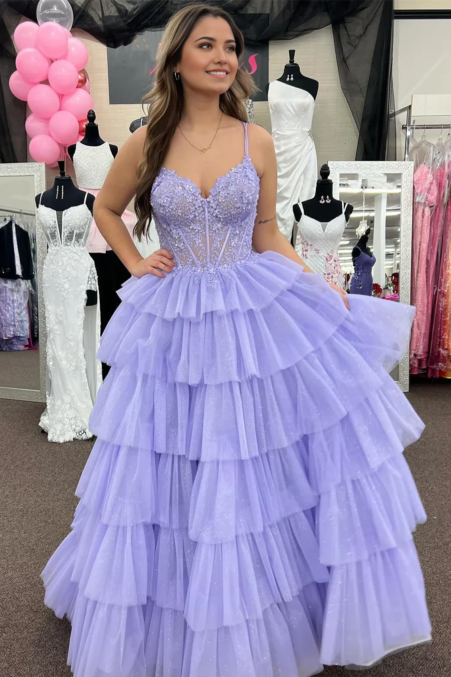 A Line V Neck Lavender Tulle Long Prom Dresses with Appliques