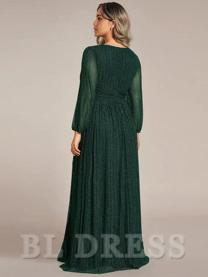 Plus Size A-line V Neck Pleated Floor Length Glitter Long Sleeves evening gown formal dress Prom Dresses