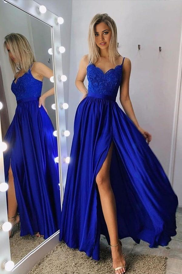 A-Line Spaghetti Straps Lace Sequins Long Gray Prom Party Dress