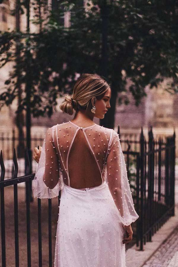 A-line See Through Tulle Pearl Long Sleeve Wedding Dresses