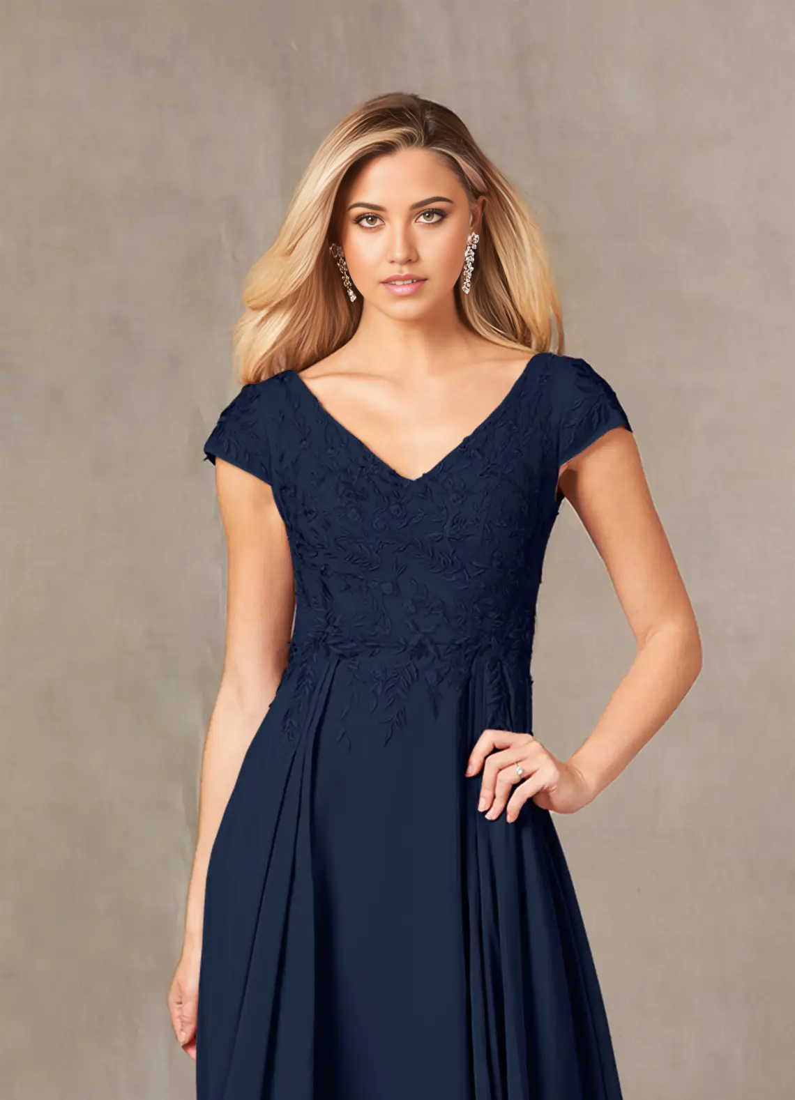 A-Line V-Neck Lace Appliques Dark Navy formal dresses evening dress Mother of the Bride Dresses