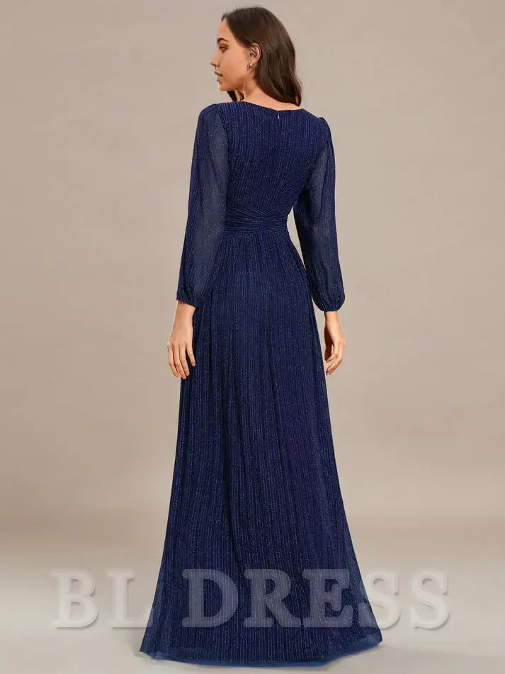A-line V Neck Ruched High Long Sleeves Floor Length Glitter evening gown formal dress Prom Dresses