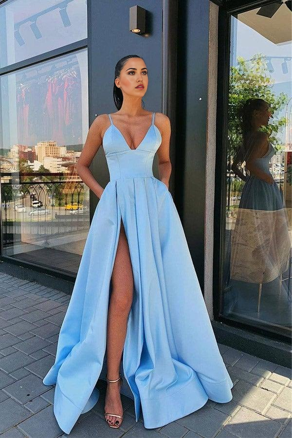A Line V Neck Gray Red Pink Satin Split Prom Dresses Formal Dresses