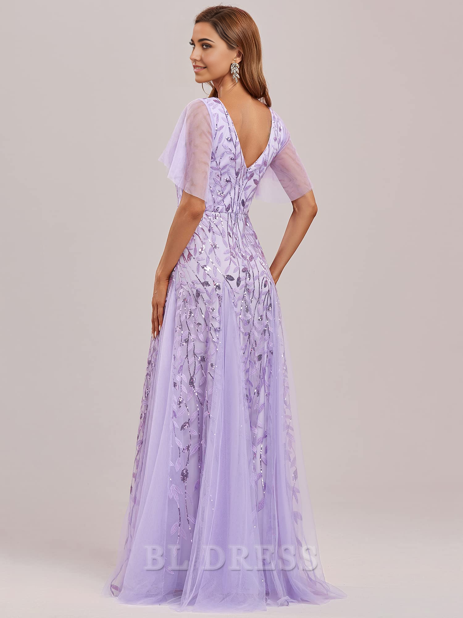 A-line V-Neck Sequin Sparkly Short Sleeve formal dresses evening gown Prom Dress