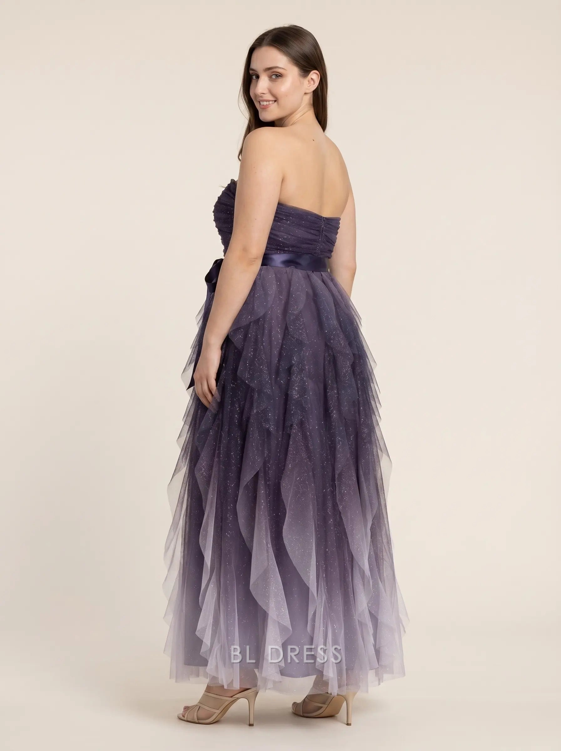 Purple Ombre Strapless Sweetheart Neck Satin Waist Bow Glitter Tulle Tiered Floor Length Formal Evening Prom Dress