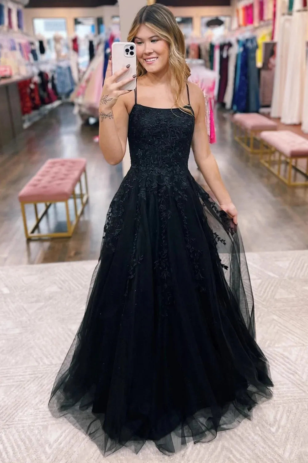 A-Line Tulle Long Prom Dress with Lace
