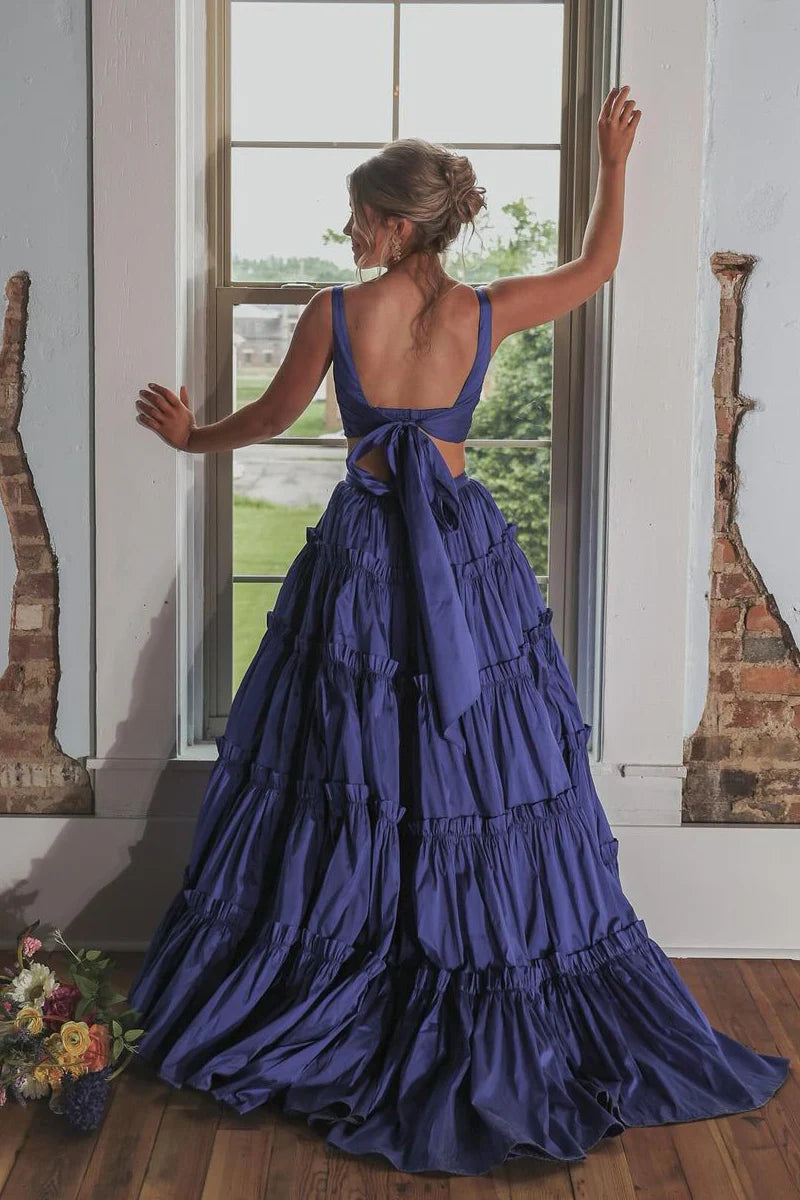 Two Piece V Neck Dark Blue Long Prom Dress evening gowns