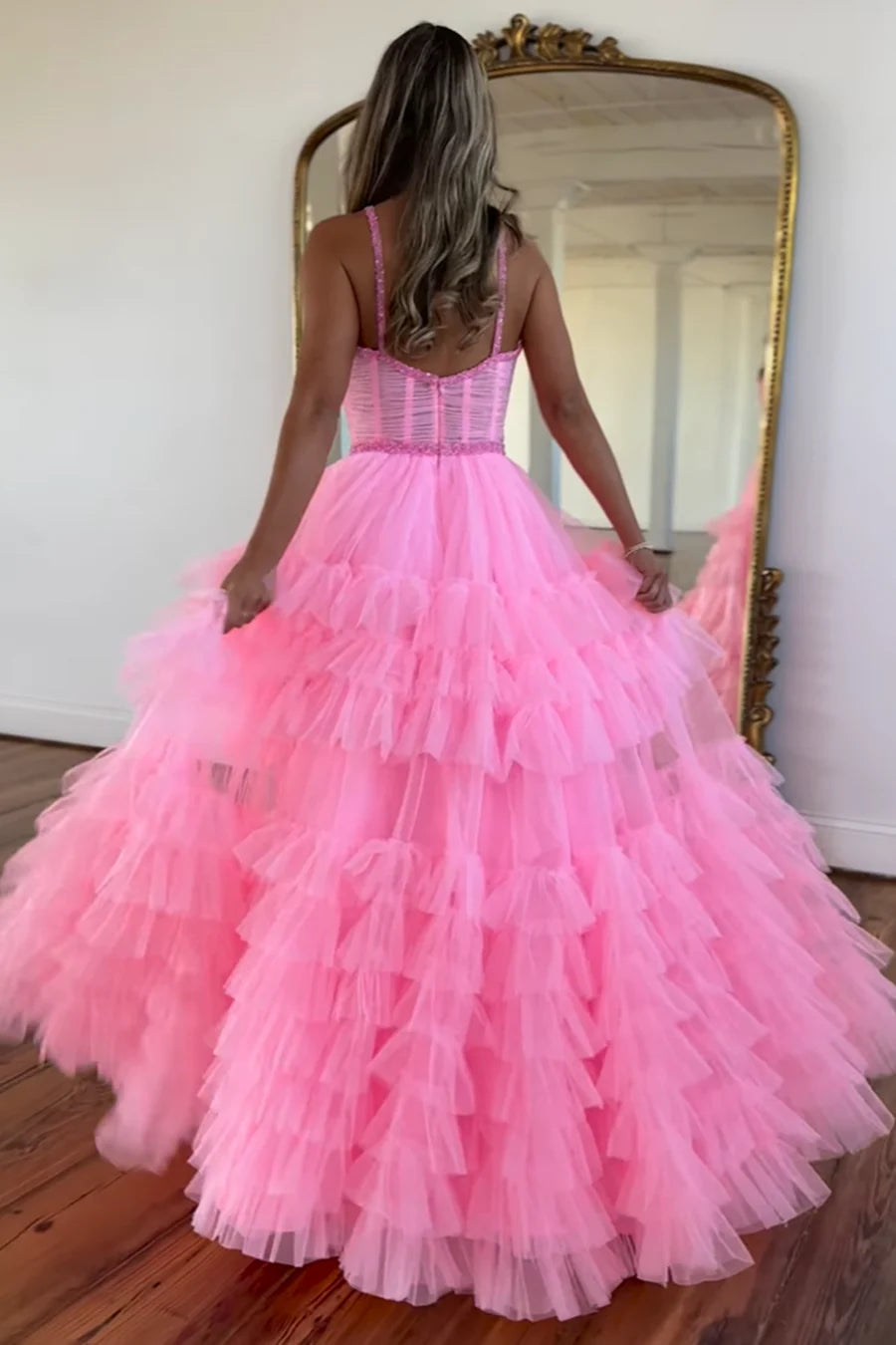 A Line Cute Scoop Neck Pink Tiered Tulle Long evening gown formal dresses Prom Dresses with Beading