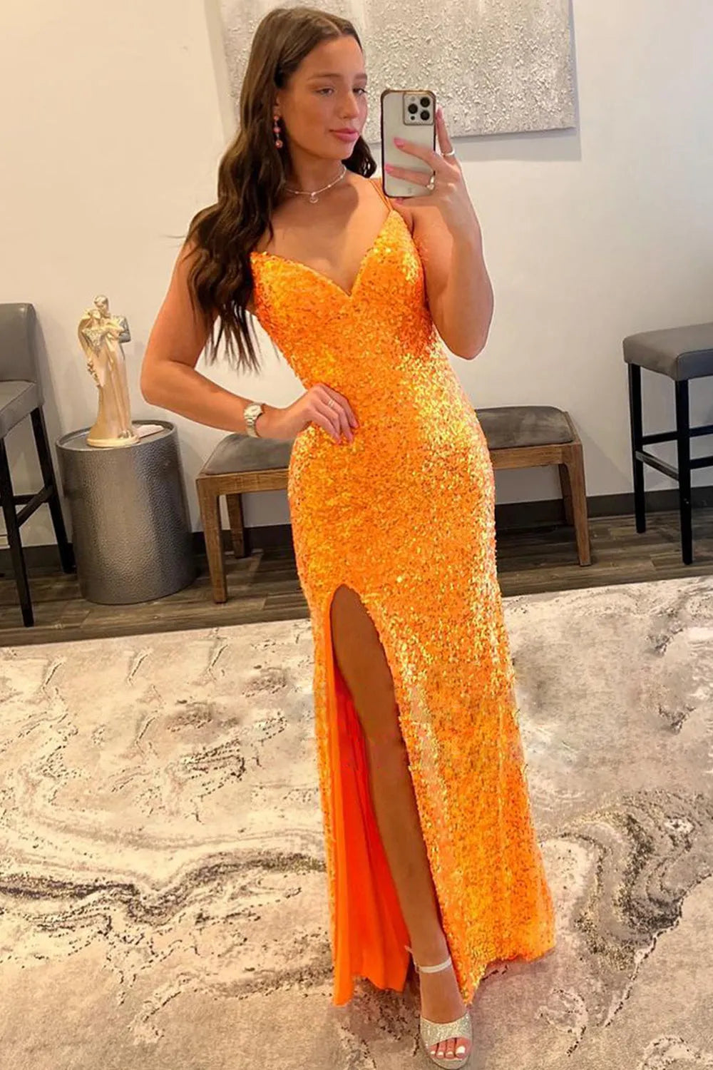 Sheath Spaghetti Straps Sequins Long Prom Dress with Split Front
