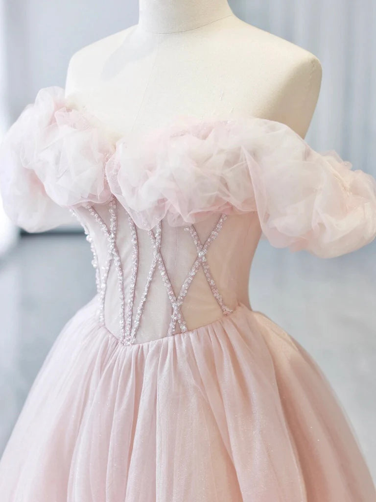 A-Line Sweetheart Neck Off Shoulder Tulle Long Prom Dress