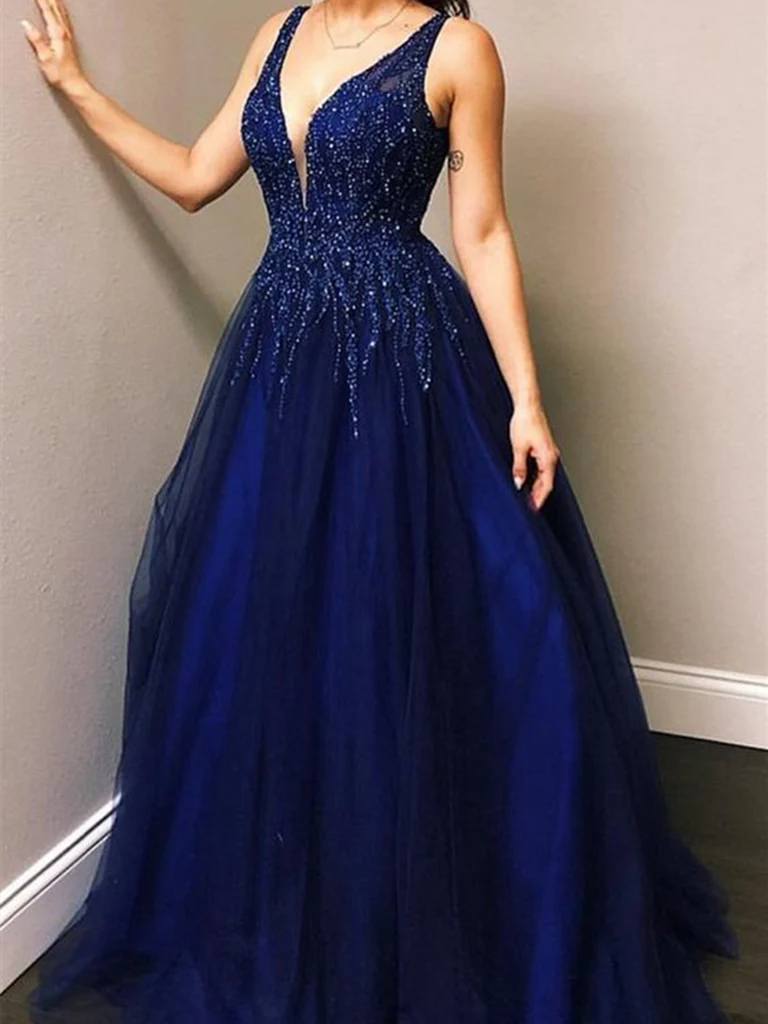 A Line V Neck Beaded Tulle Long Prom Dresses Long Formal Evening Dresses