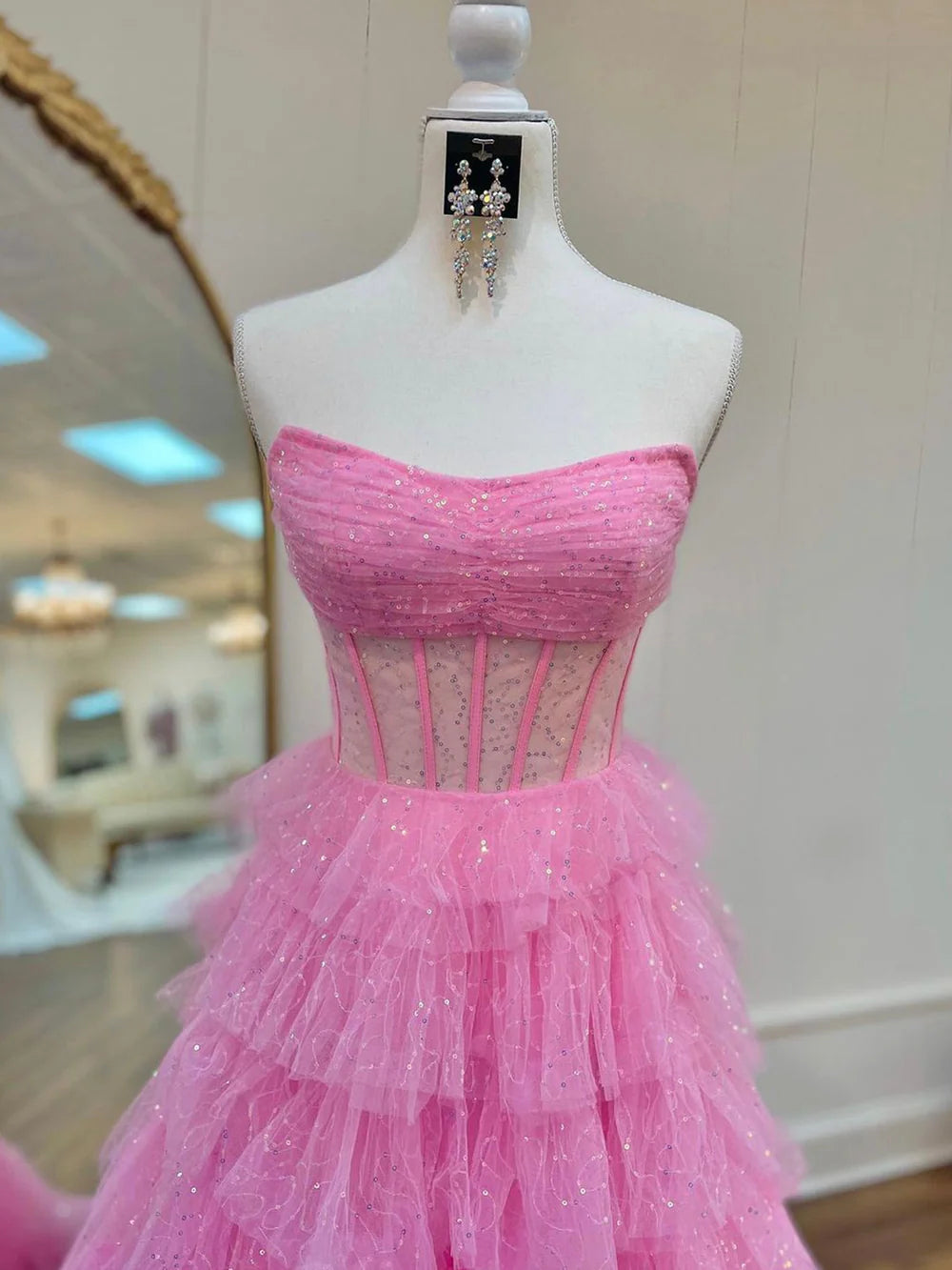 A Line Strapless Corset Glitter Tulle Prom Dress