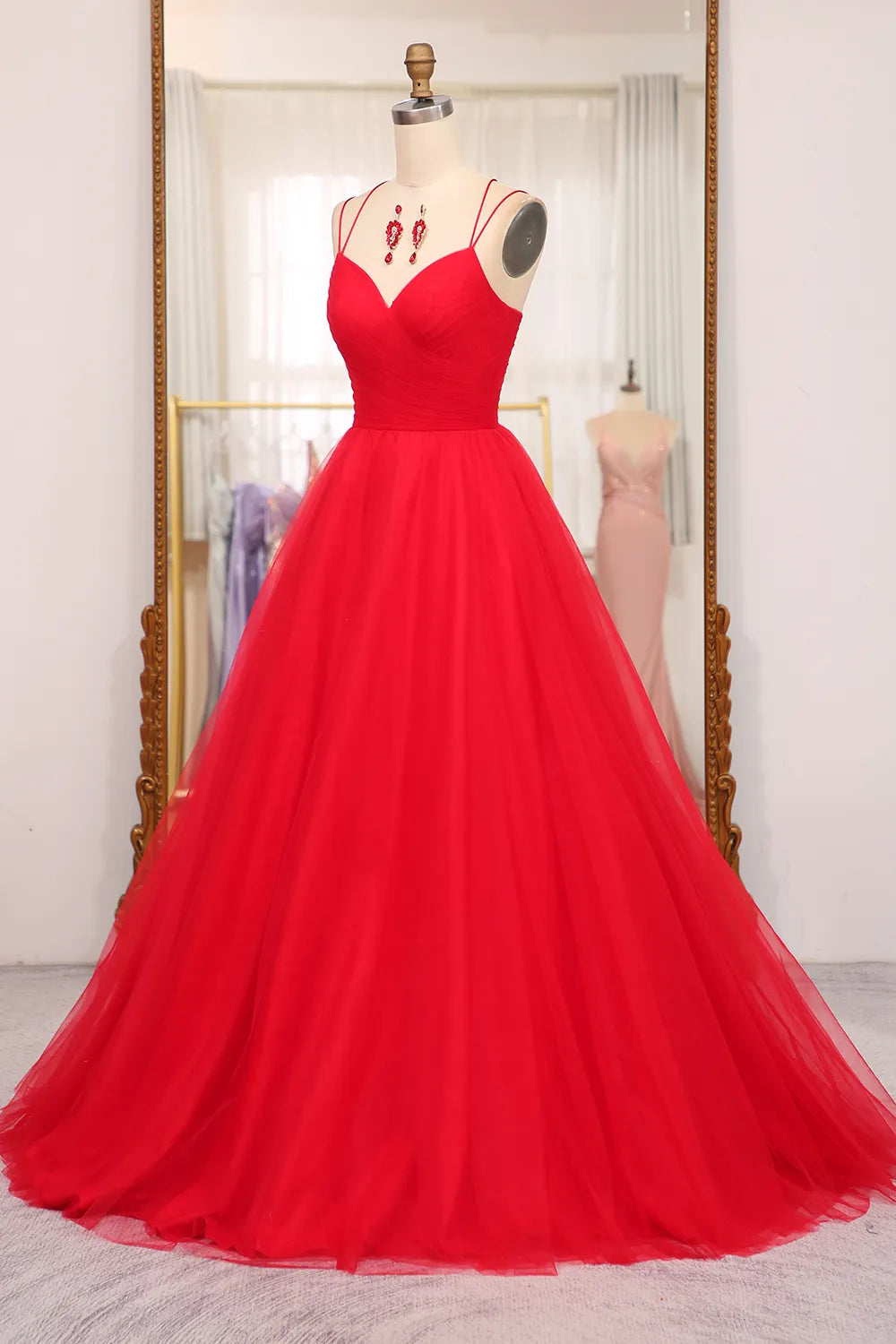 A Line Spaghetti Straps Long Prom Dress with Criss Cross Back