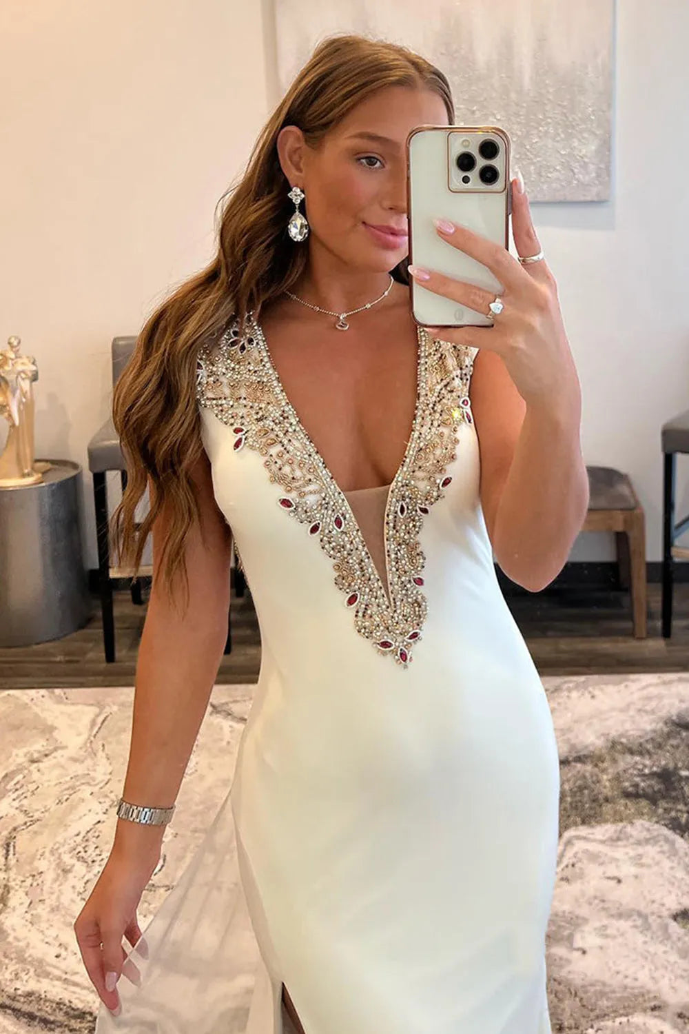 A-line Deep V-Neck Backless Prom Dress with Beading