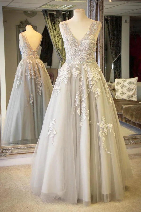 A-line V-neck Lace Appliques Long Prom Dress With Crystals